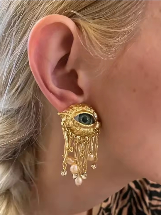 Anthropologie Jewelry - Gold Eye Drop Earrings with Green Iris and Pink Pearls